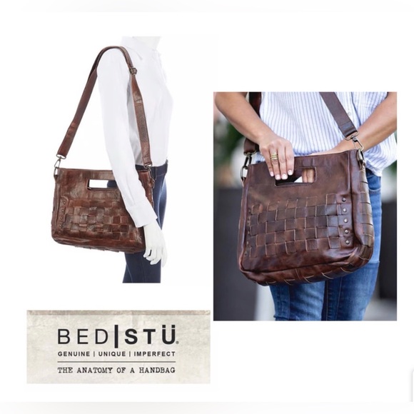 Bed Stu Orchid Woven Leather Handbag Crossbody Bag Teak Brown Retail $280 - Picture 12 of 12